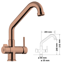 3-Wege Wasserhahn, tief Kupfer