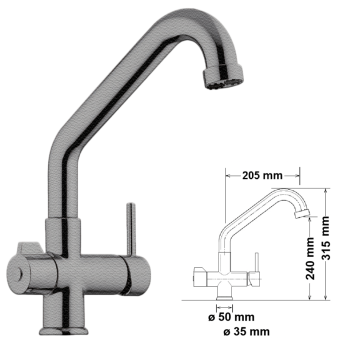 3-Wege Wasserhahn, tief Satiniert