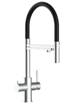 5-Wege Wasserhahn, Edelstahl massiv mit 360° schwenkbarem Auslauf & abnehmbarer 2-Strahl-Brause, gebürstet 